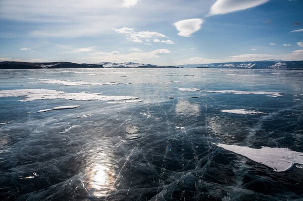 frozen river and mountains