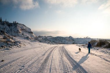 woman and dog walking on snowy road clipart