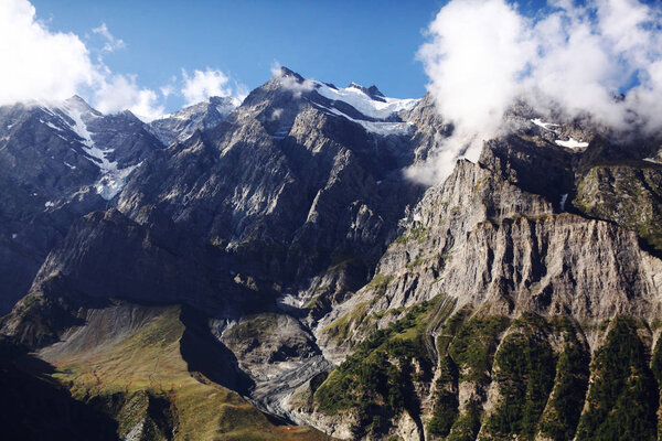 beautiful scenic landscape with majestic rocky mountains in indian himalayas, keylong region