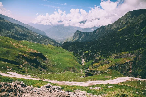 beautiful scenic landscape with mountain valley and pathway in Indian Himalayas, Rohtang Pass