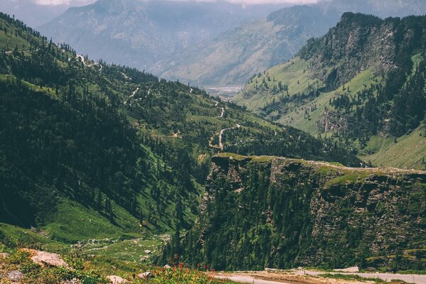 majestic mountains covered with green trees in Indian Himalayas, Rohtang Pass