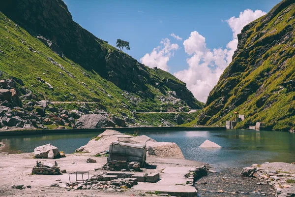 scenic mountain landscape with lake in Indian Himalayas, Rohtang Pass