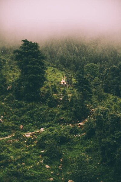 beautiful scenic mountain landscape in fog, Indian Himalayas, Dharamsala, Baksu