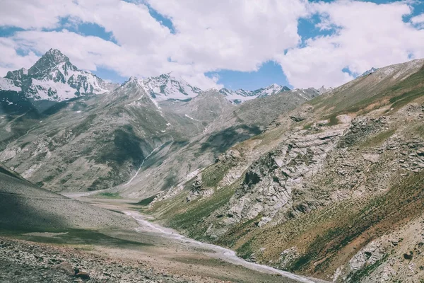 beautiful mountain valley and majestic rocky snow capped peaks in Indian Himalayas, Ladakh region 