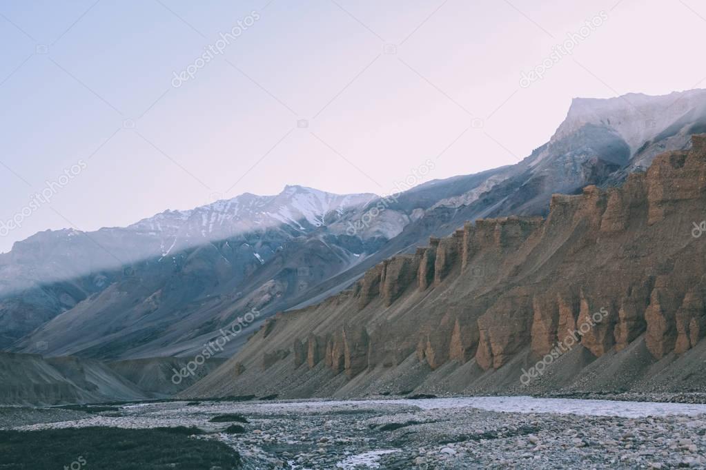 beautiful natural formations and mountain river in Indian Himalayas, Ladakh region  