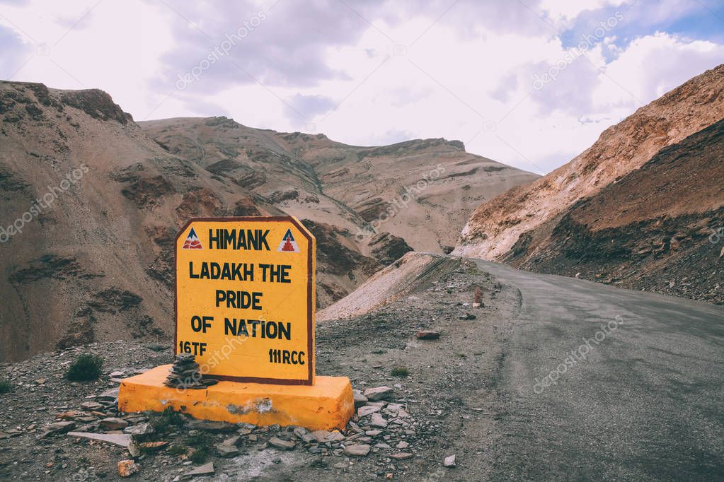 close-up view of sign on mountain road in Indian Himalayas, Ladakh region