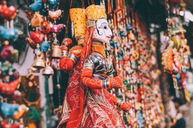 close-up view of colorful decorations hanging at Rajasthan, Pushkar clipart