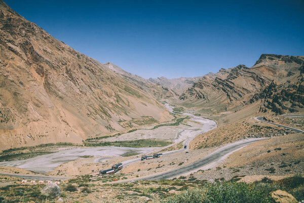 majestic landscape with mountain road in Indian Himalayas, Ladakh region 