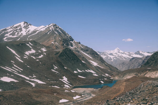beautiful landscape with calm lake and majestic mountains in Indian Himalayas, Ladakh region