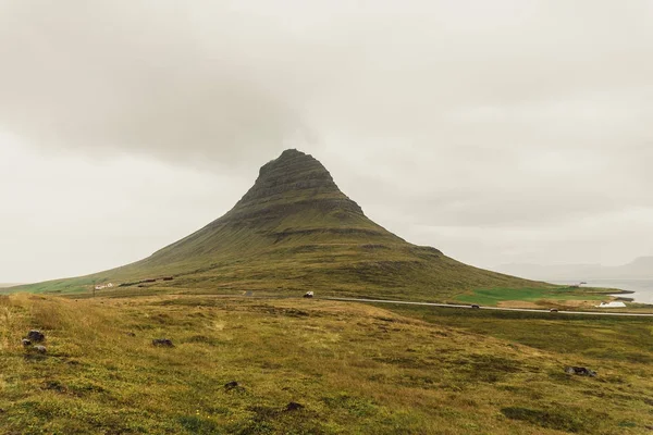 Dealul Verde Frumos Acoperit Plante Drumuri Islanda — Fotografie, imagine de stoc