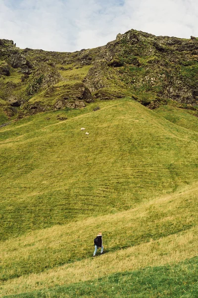Vista Alto Ângulo Pessoa Que Anda Caminho Bela Paisagem Islândia — Fotografia de Stock