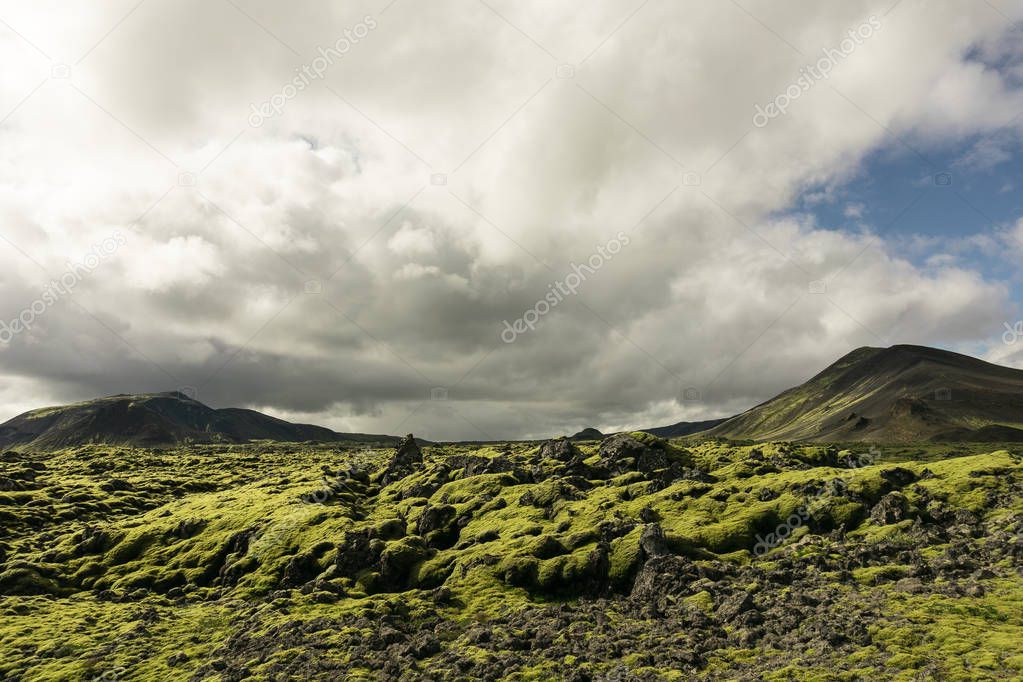 majestic landscape with mountains, moss and cloudy sky in Iceland  