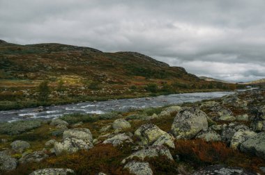 nehir akış yoluyla taşlar ve hills alan, Norveç, Hardangervidda'da Milli Parkı üzerinde gidiyorum