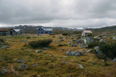 Görünüm alanının yeşil çim ve dağınık taşlar karşı küçük kırsal konutlarında, Norveç, Hardangervidda'da Milli Parkı