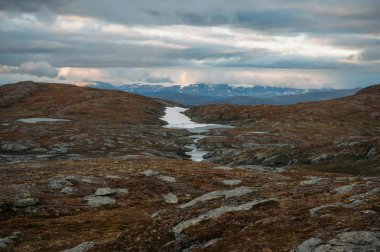 field with small water ponds and mountains on background during stormy weather, Norway, Hardangervidda National Park clipart