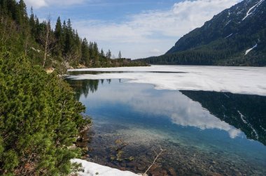 View of mountain lake with ice on surface and mountain hills, Morskie Oko, Sea Eye, Tatra National Park, Poland clipart