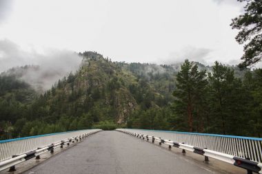 güzel dağ manzarası ve asfalt yol bulutlu gün, Altay, Rusya Federasyonu