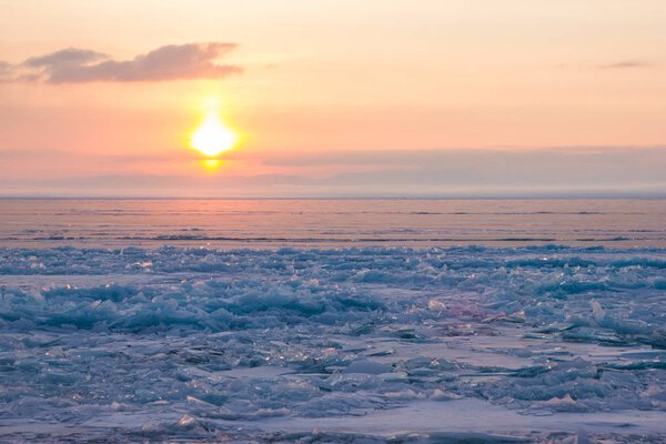 view of wavy lake water under cloudy sky on sunset, russia, lake baikal 