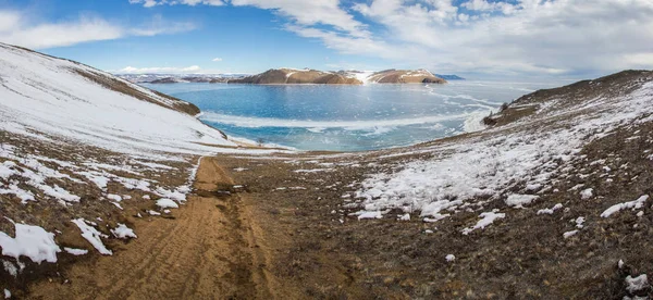 View Sandy Shore Ice Water Surface Russia Lake Baikal — Stock Photo, Image