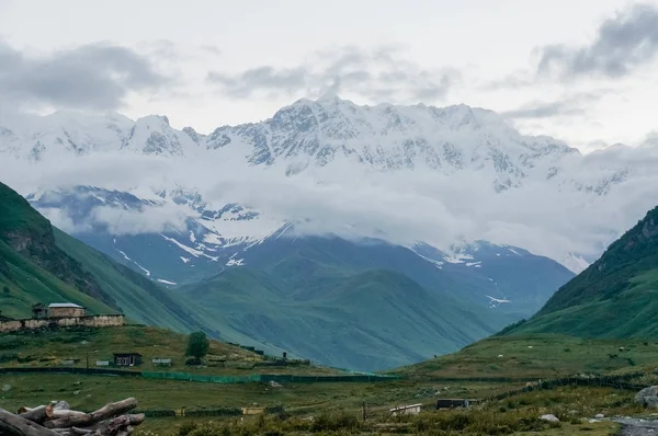 View Green Grass Meadow Houses Buildings Mountains Background Ushguli Svaneti — Stock Photo, Image