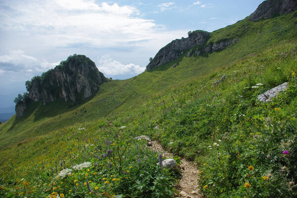 view on path and valley, Russian Federation, Caucasus, July 2012