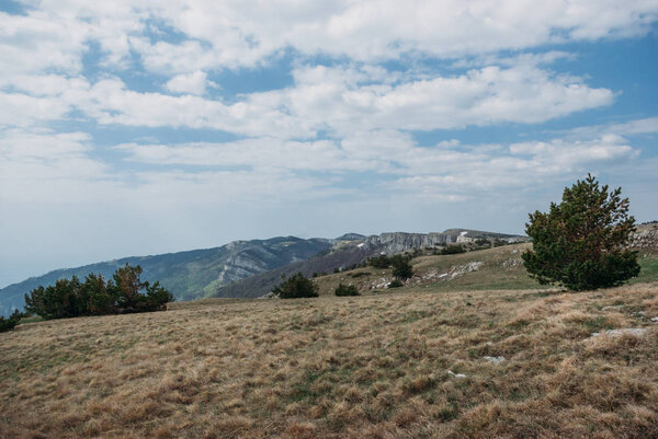 panoramic view of mountains, valley and cloudy sky, Ukraine, Crimea