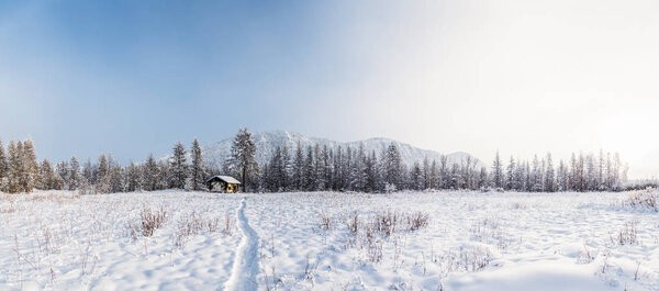 beautiful winter landscape and village at countryside, jakutia 