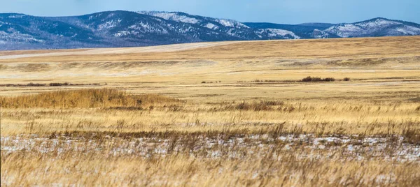 Beautiful Landscape Dry Grass Snow Capped Mountains Krasnoyarsk Region Russia — Stock Photo, Image