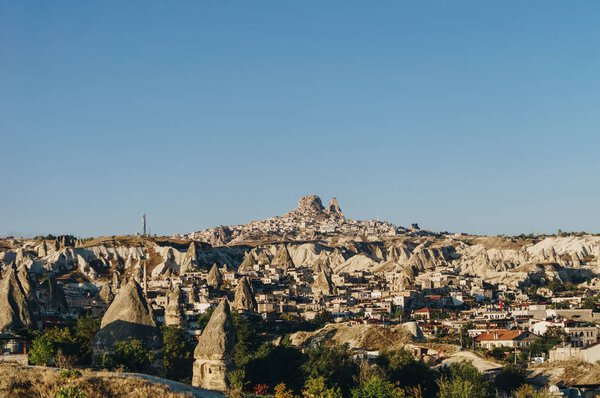 Aerial view of city and fairy chimneys, Cappadocia, Turkey