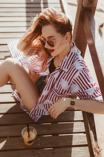 High Angle View Young Woman Sitting Wooden Pier Plastic Cup — Stock Photo, Image