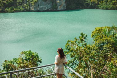 back view of woman looking at ocean bay at Ang Thong National Park, Ko Samui, Thailand clipart