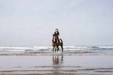kadının okyanus ile kum plajındaki at binme uzak görünümü 