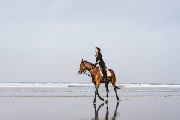 young female equestrian riding horse on sandy beach