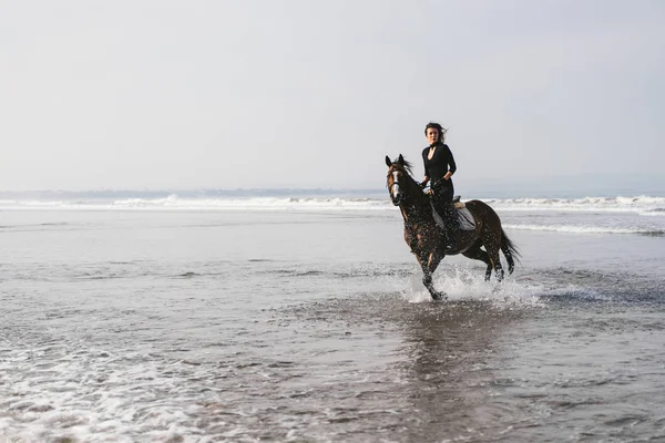 Jonge Vrouwelijke Paardensport Rijdt Paard Water — Stockfoto