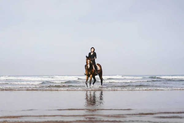 Avlägsna Syn Kvinnan Rider Häst Sandstrand Med Havet Bakom — Stockfoto