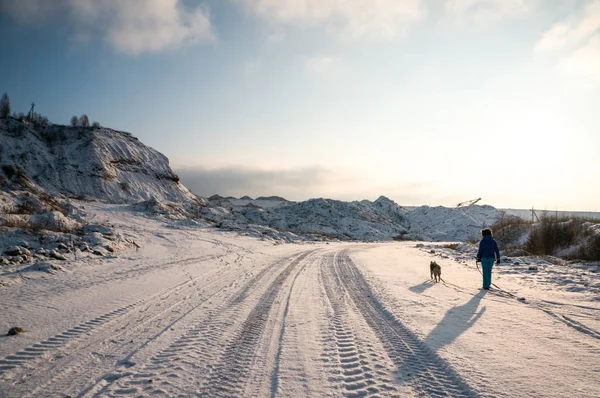 Femme et chien marchant sur la route enneigée — Photo de stock