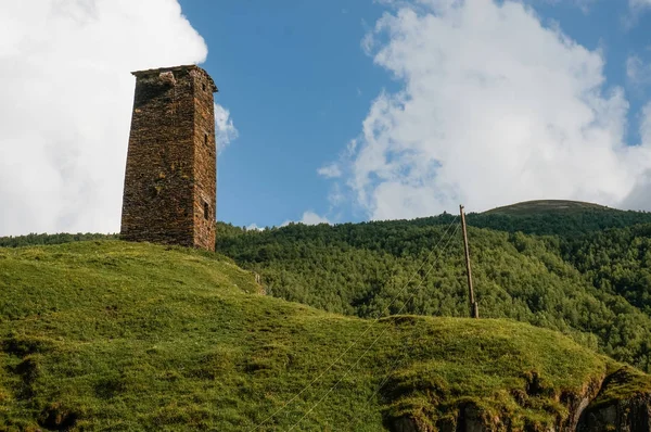 Blick auf alte Handtuch über Feld mit grünem Gras gegen bewölkten Himmel, ushguli, svaneti, georgia — Stockfoto