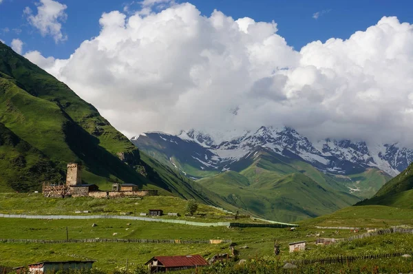View of green grass meadow with houses and buildings and mountains on  background, Ushguli, svaneti, georgia — Stock Photo
