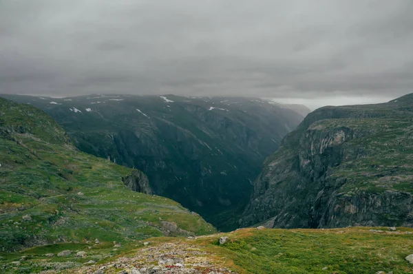 Encostas gramíneas de rochas durante o tempo nebuloso, Noruega, Hardangervidda National Park — Fotografia de Stock