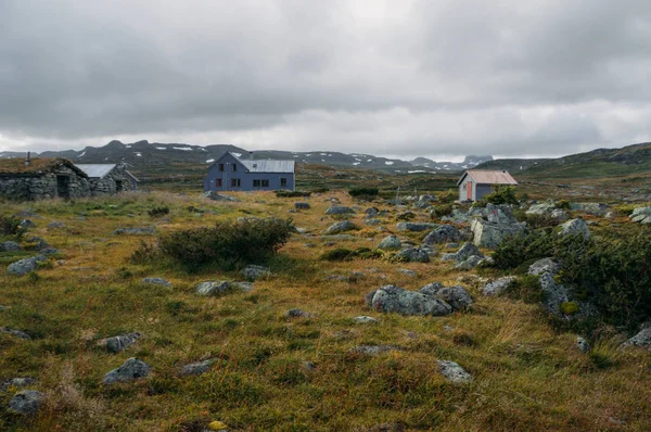Вид на поле с зеленой травой и разбросанными камнями на небольшие сельские дома, Норвегия, Национальный парк Хардангервидда — стоковое фото