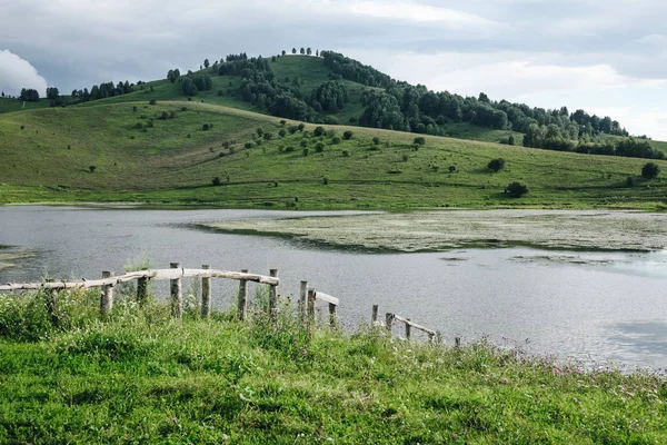 Панорамный вид на зеленые валуны с деревьями и горами, Алтай, Россия — стоковое фото