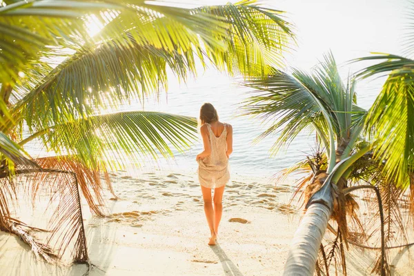 Rear view of woman standing between palm trees on sea beach — Stock Photo