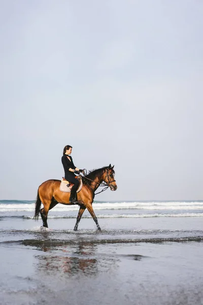 Вид сбоку на молодую женщину, сидящую верхом на лошади с волнистым океаном позади — стоковое фото