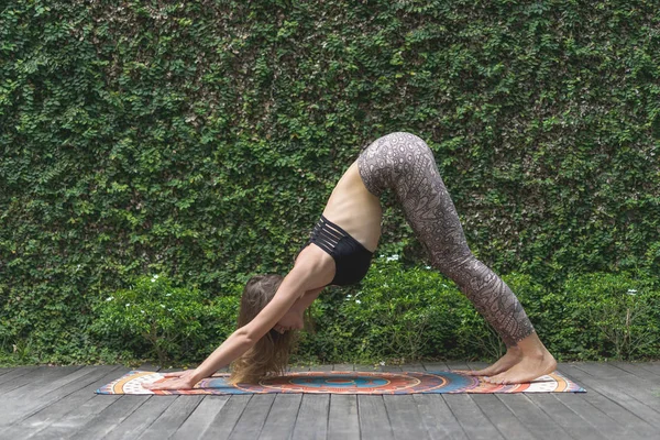 Side view of beautiful young woman practicing yoga in Downward-Facing Dog (Adho Mukha Svanasana) pose in front of wall covered with green leaves — Stock Photo
