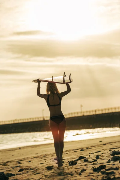 Rear view of surfer posing with surfboard on head at sunset near ocean — Stock Photo