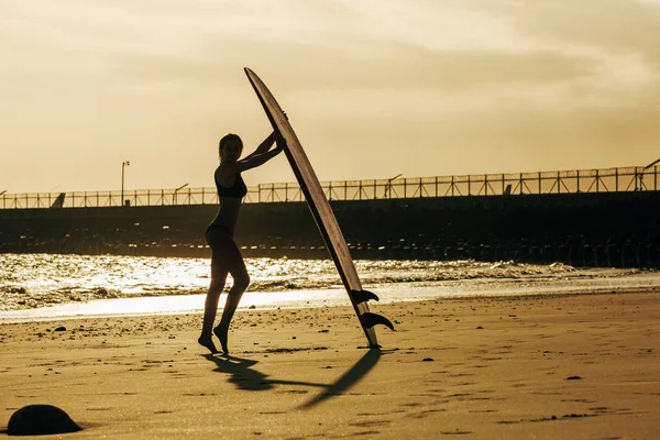 Silueta de surfista femenina posando con tabla de surf en la playa al atardecer - foto de stock