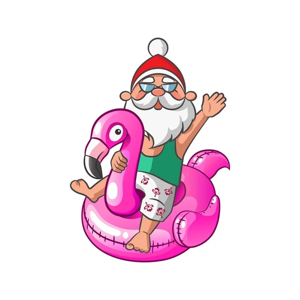 Papai Noel com anel de natação inflável Flamingo em férias — Vetor de Stock