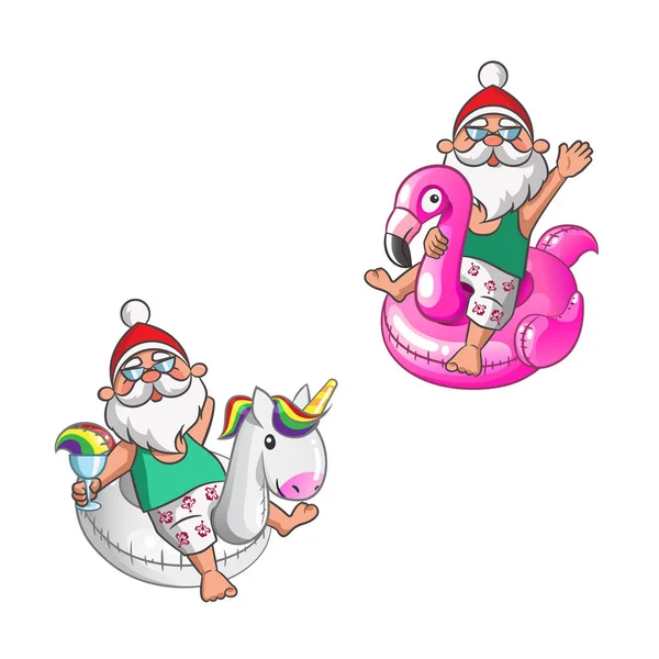 Santa Clauses Avec Licorne Flamant Rose Anneaux Natation Vacances Été — Image vectorielle