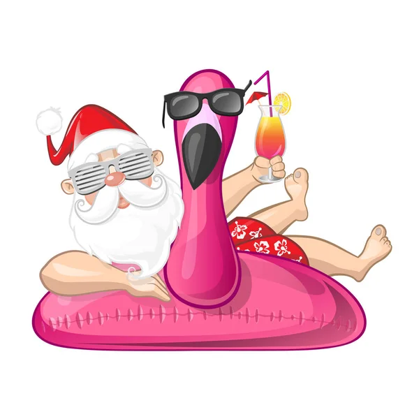 Santa Claus Prázdniny Plameňáků Plavat Nafukovací Prstenec Nosí Sluneční Brýle — Stockový vektor