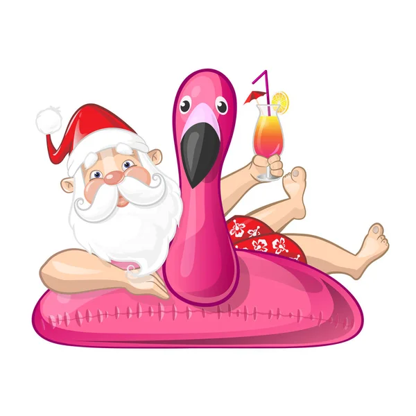 Papai Noel Férias Verão Com Anel Natação Inflável Flamingo — Vetor de Stock